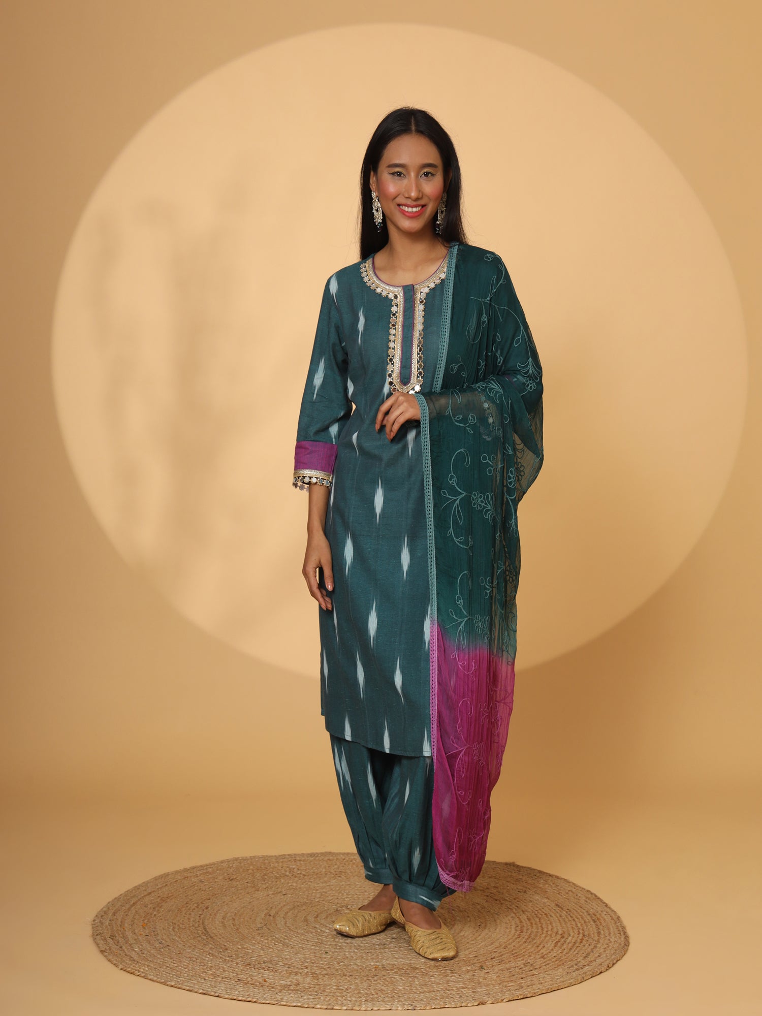 PRINTED GREEN LACE DETAILING SUIT SET FOR WOMEN