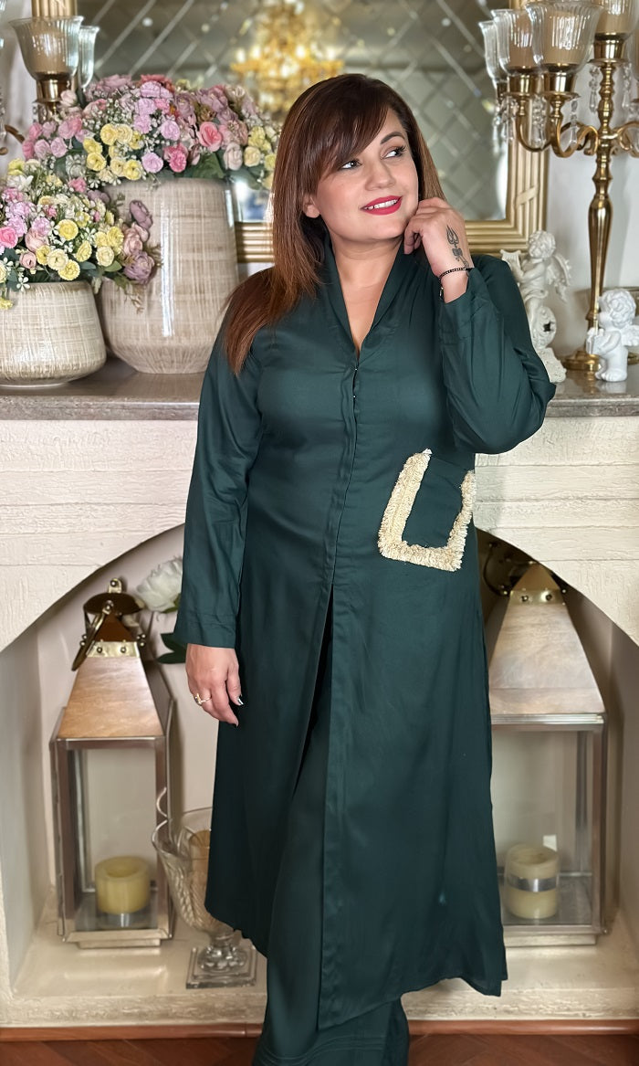 I AM BRAVE GREEN ASYMMETRIC POCKET WITH LACE DETAILS COORD-SET