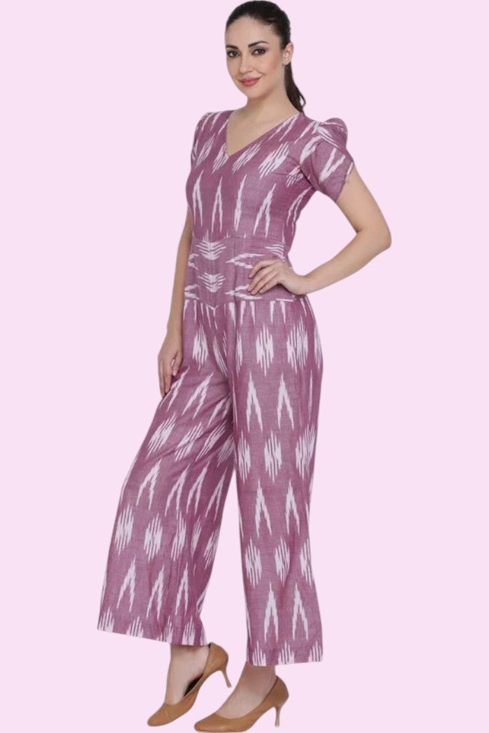 Ikat Cotton Printed V Neck Jumpsuit For Women