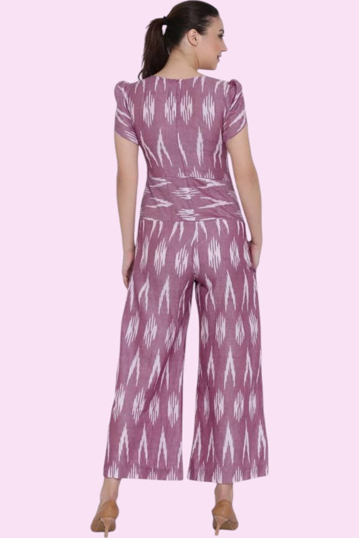Ikat Cotton Printed V Neck Jumpsuit For Women