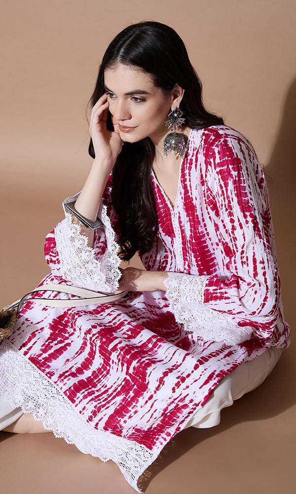 BLUSH TIE-DYE LACE KURTA FOR WOMEN