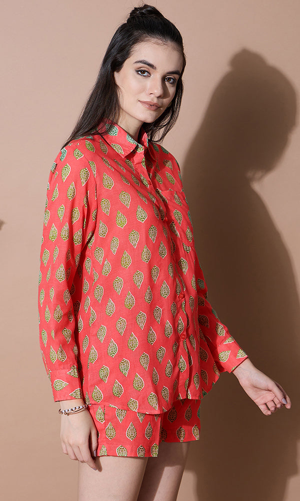 FLORAL PRINTED RED COTTON SHORT SET FOR WOMEN