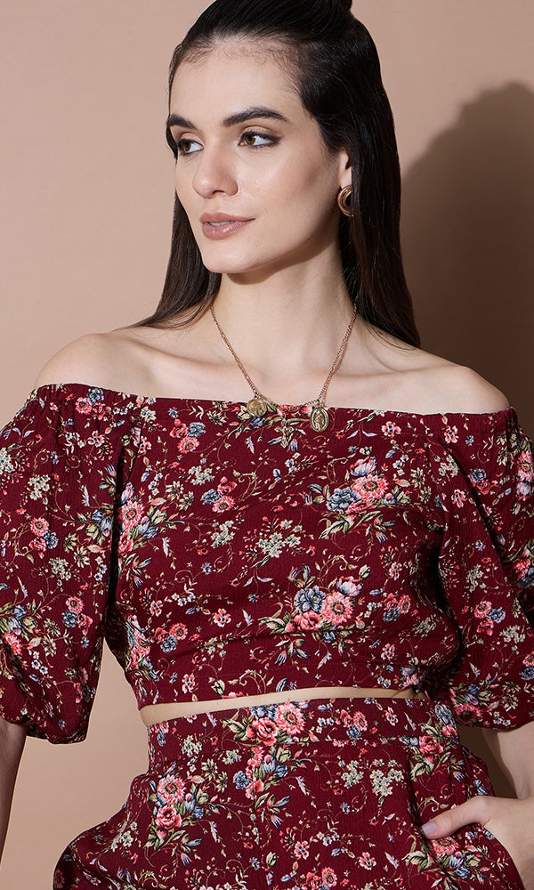 FLORAL PRINTED CROP TOP STYLE COORD SET FOR WOMEN