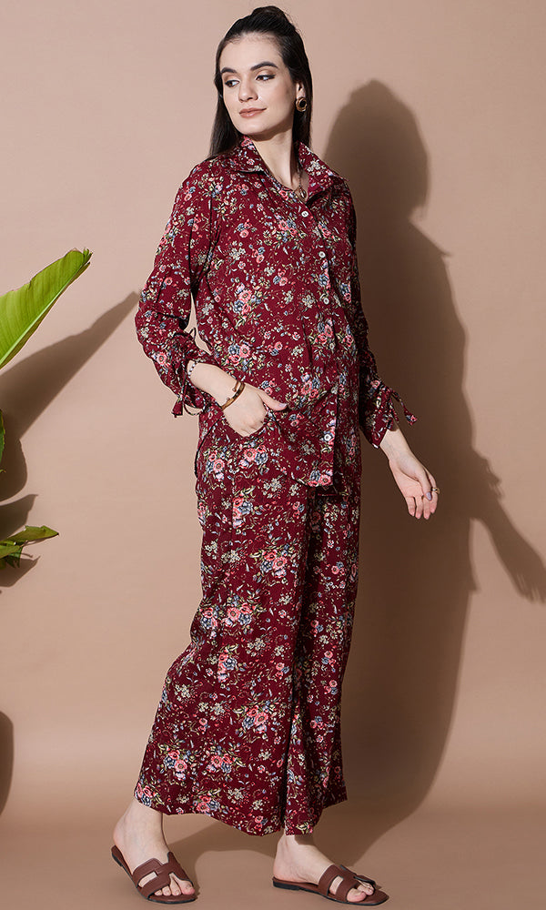 BLOOM MAROON SHIRT COORD SET