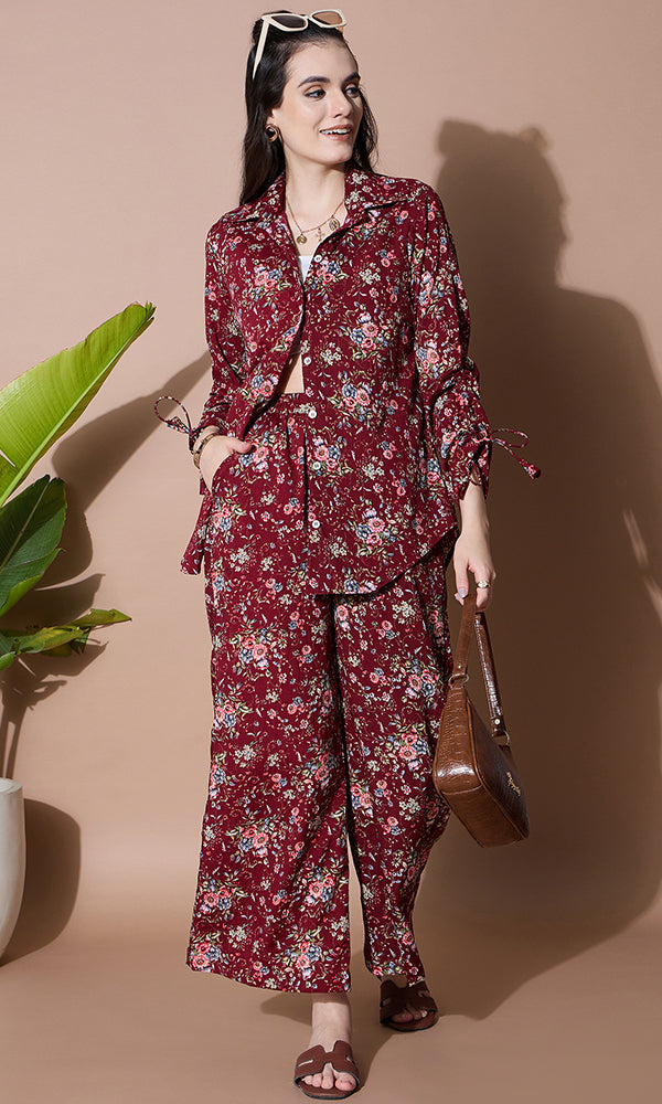 BLOOM MAROON SHIRT COORD SET