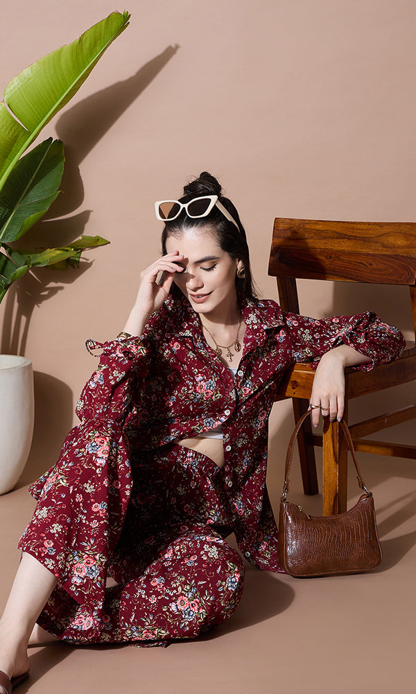 BLOOM MAROON SHIRT COORD SET