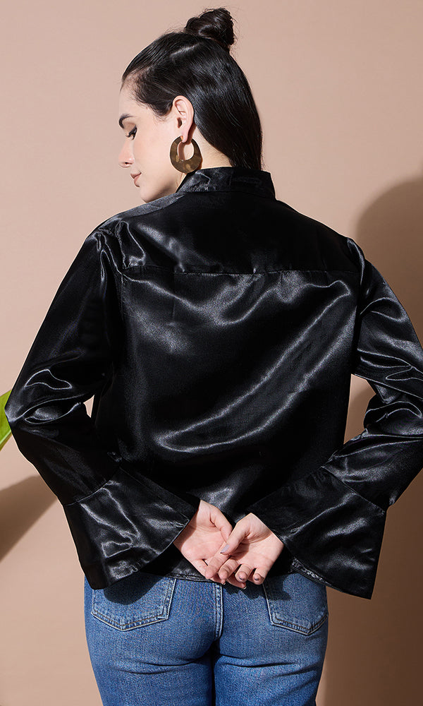 SOLID BLACK SATIN SHIRT FOR WOMEN