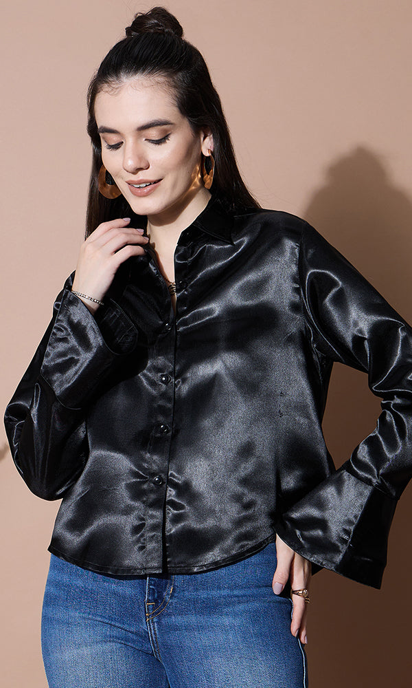 SOLID BLACK SATIN SHIRT FOR WOMEN