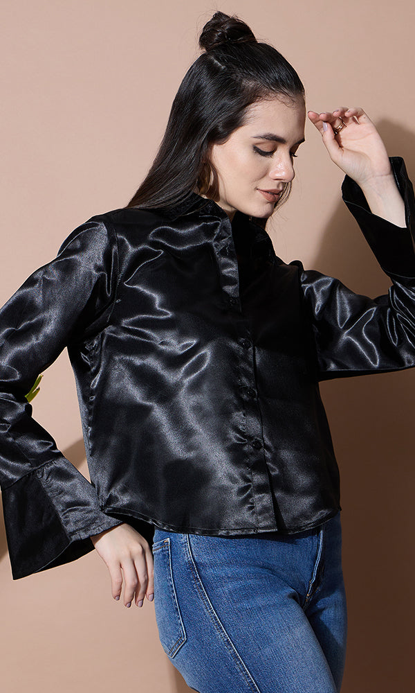 SOLID BLACK SATIN SHIRT FOR WOMEN