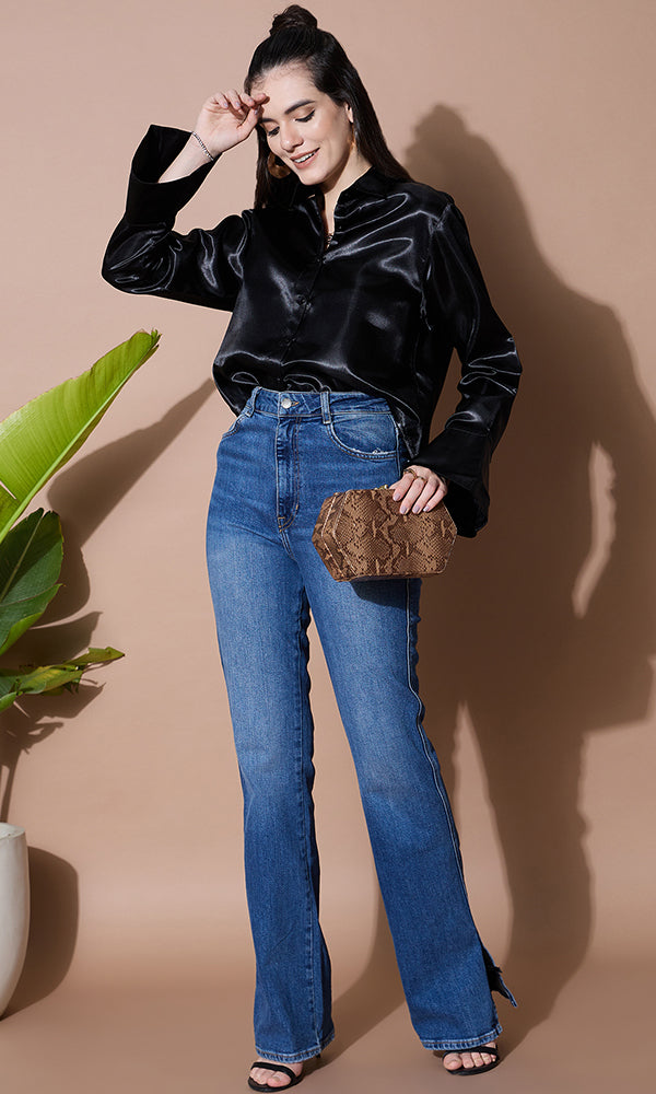 SOLID BLACK SATIN SHIRT FOR WOMEN