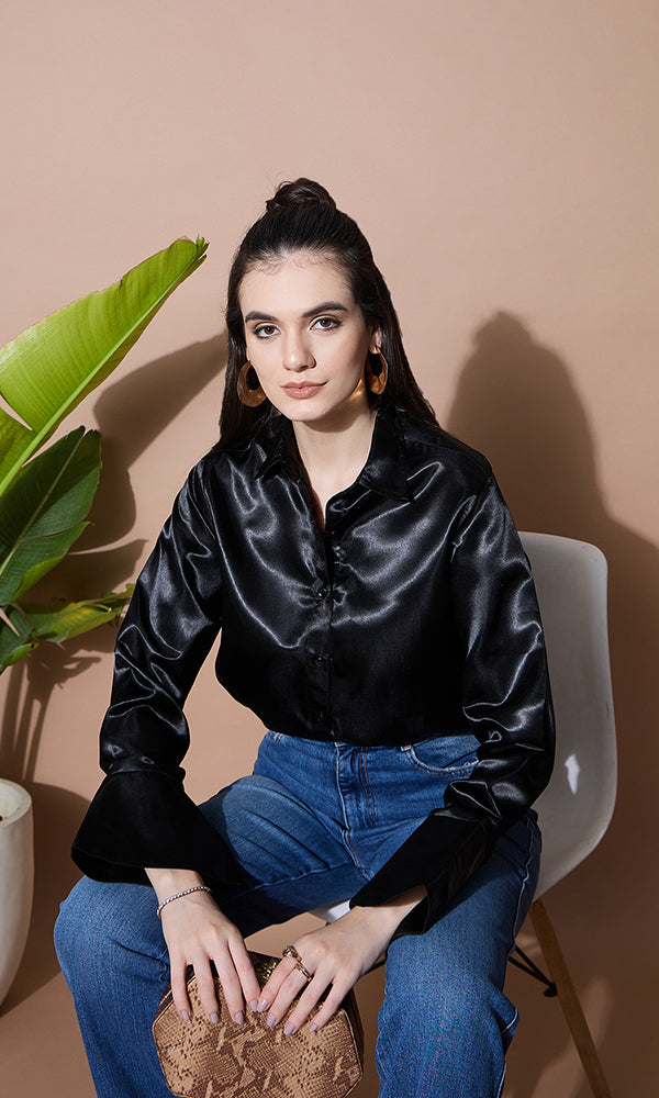SOLID BLACK SATIN SHIRT FOR WOMEN