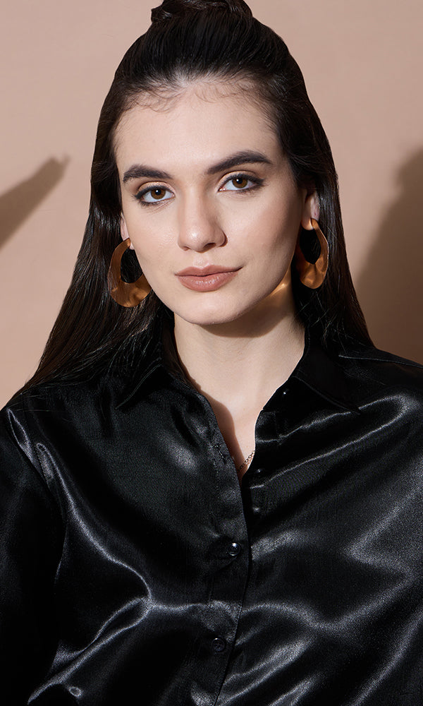SOLID BLACK SATIN SHIRT FOR WOMEN