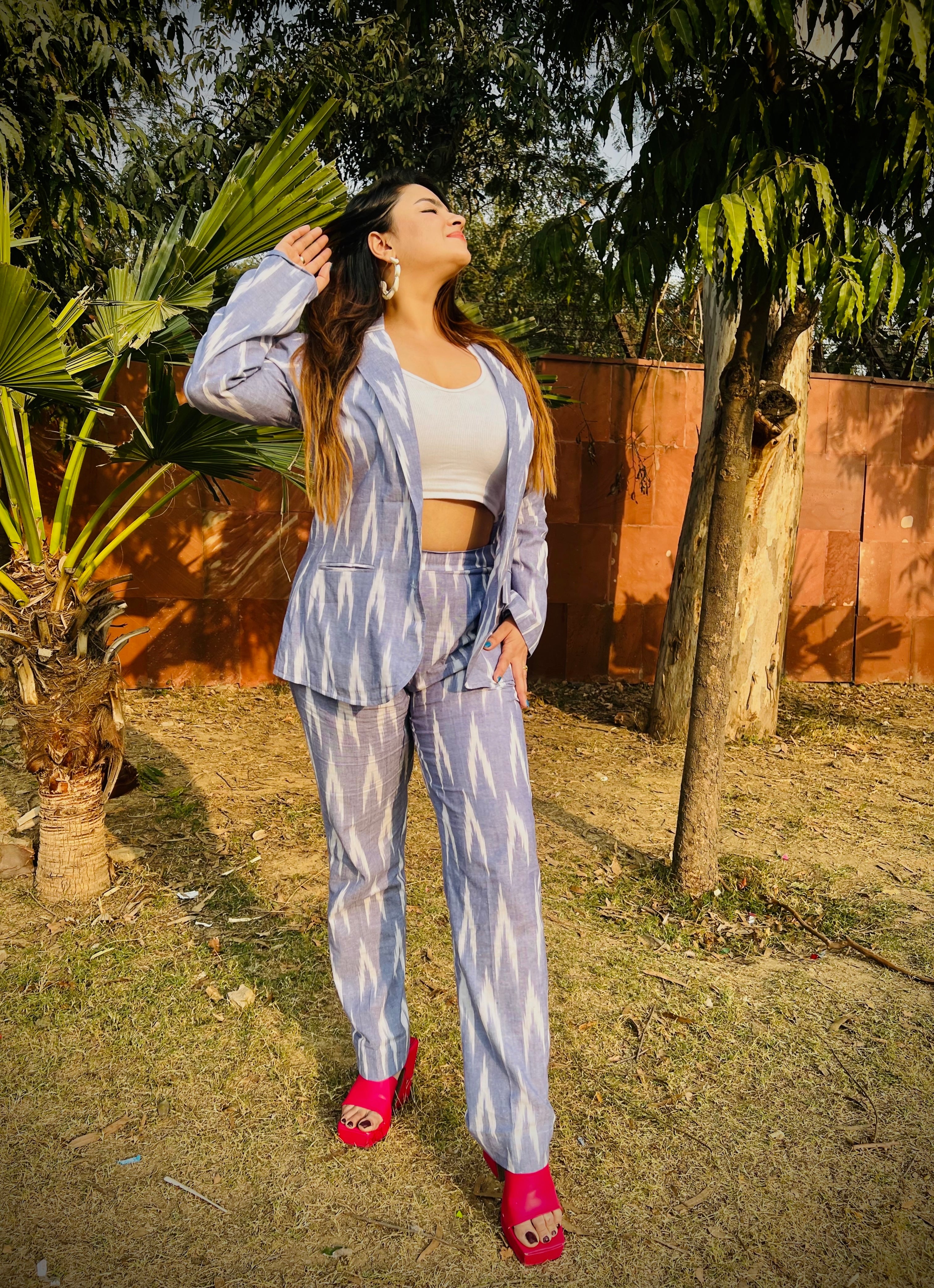 Blue Ikat Blazer with Trousers Coord Sets for women