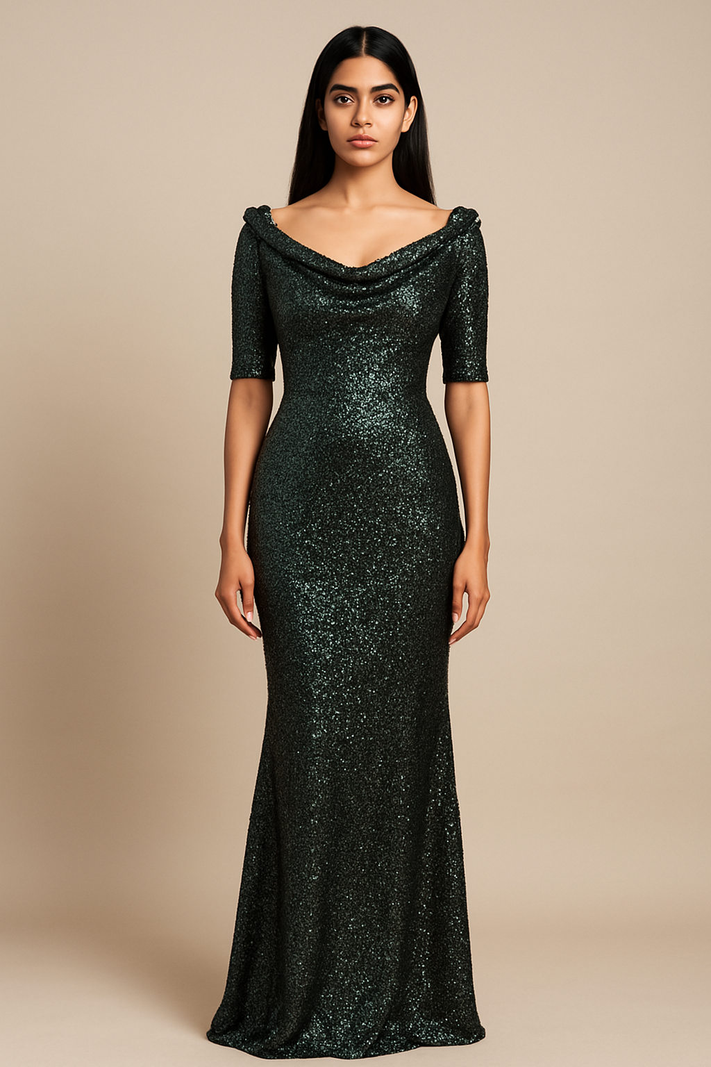 EVELYN LUREX COWL NECK OFF THE SHOULDER MAXI DRESS