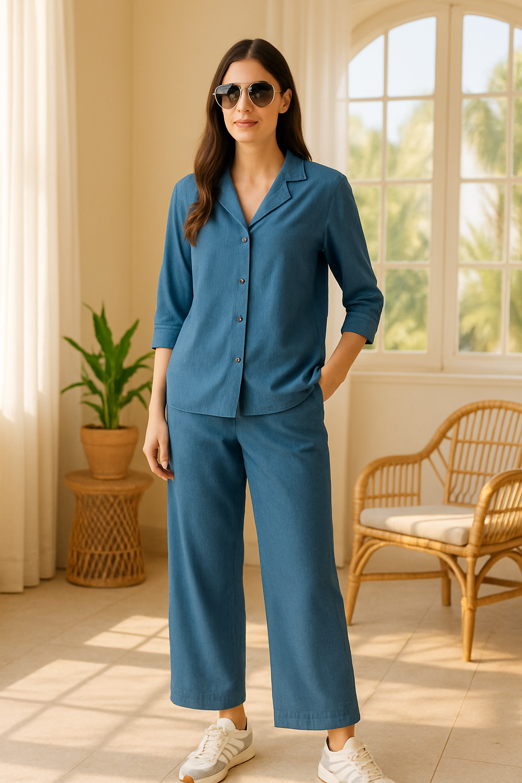 Skyline Serenity Blue Linen Full Sleeve Dress For Women