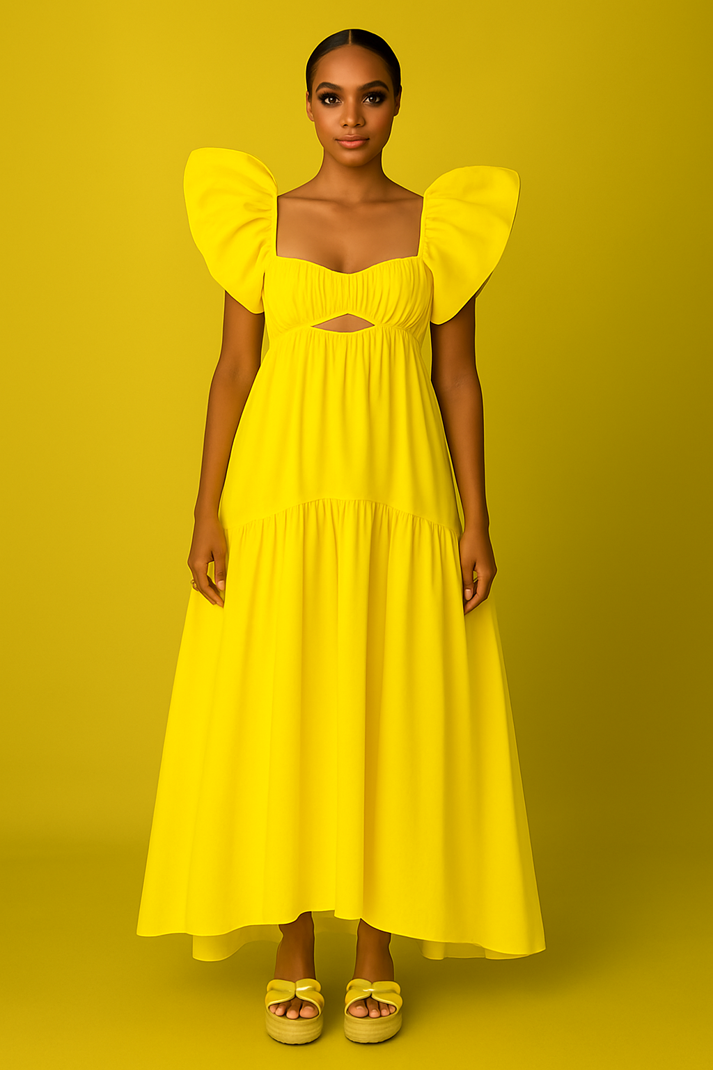 Alaia Ruffle Shoulder Gown Yellow Dress