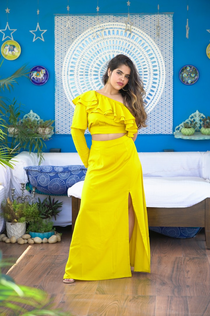 RUFFLE ROMANCE YELLOW COORD SET FOR WOMEN