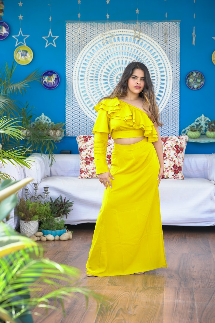 RUFFLE ROMANCE YELLOW COORD SET FOR WOMEN