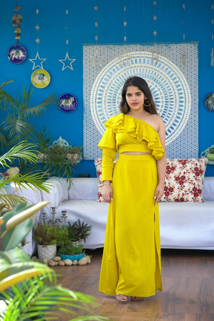 RUFFLE ROMANCE YELLOW COORD SET FOR WOMEN