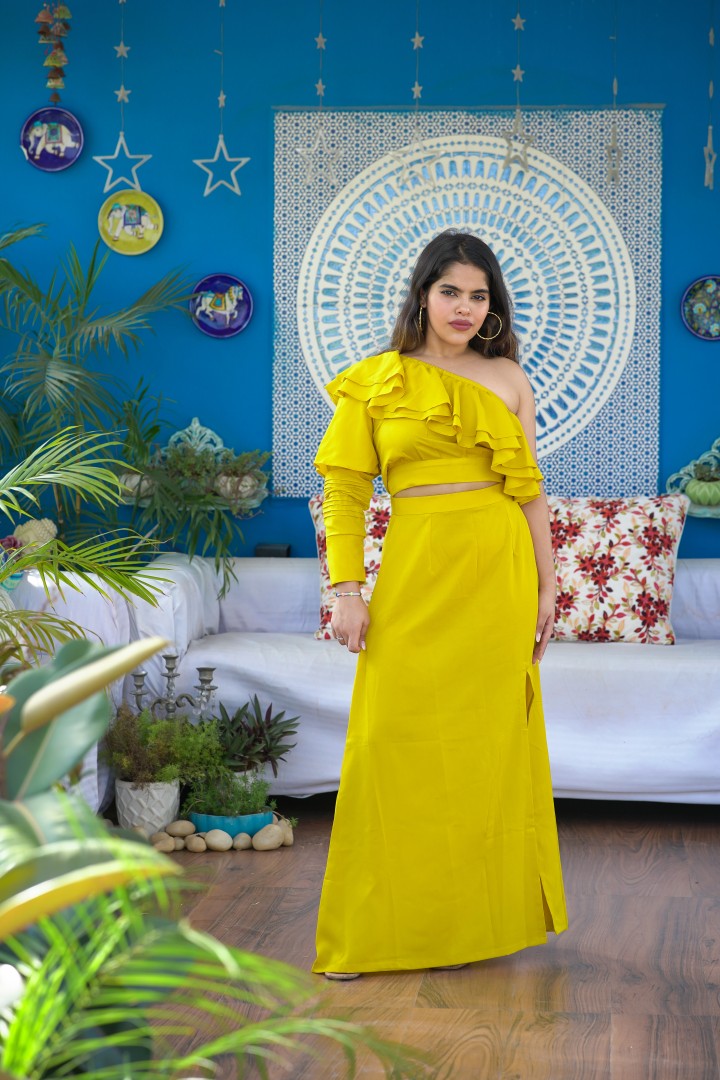RUFFLE ROMANCE YELLOW COORD SET FOR WOMEN