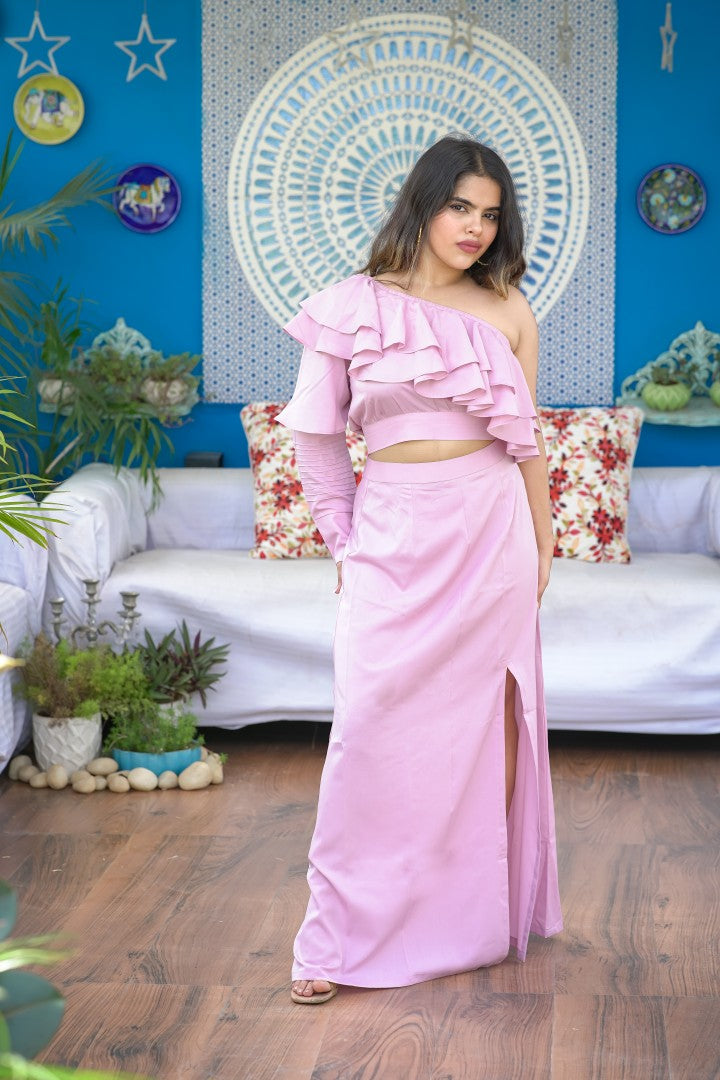 RUFFLE ROMANCE PINK COORD SET FOR WOMEN