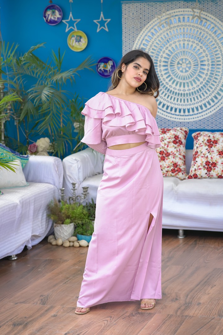 RUFFLE ROMANCE PINK COORD SET FOR WOMEN