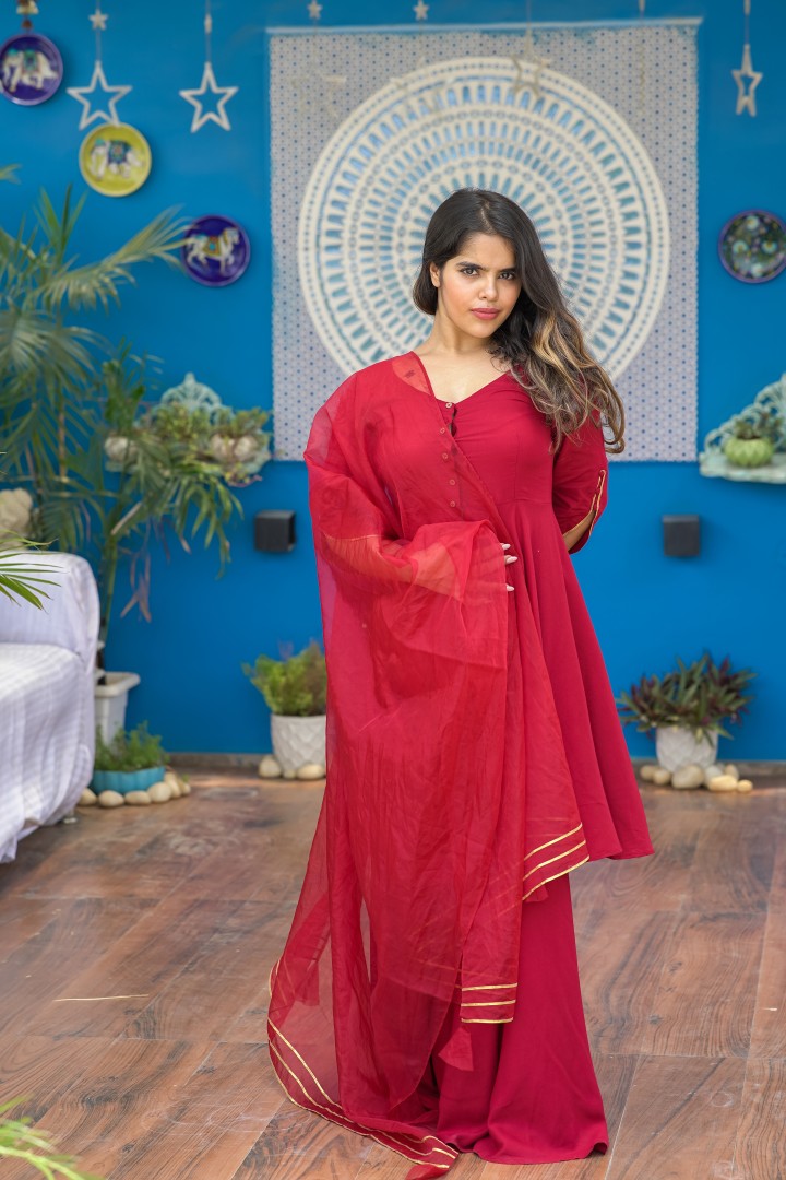 MAROON MADHURA KURTA WITH SHARARA