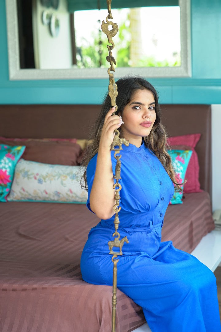 SOLID BLUE BELTED DRESS FOR WOMEN