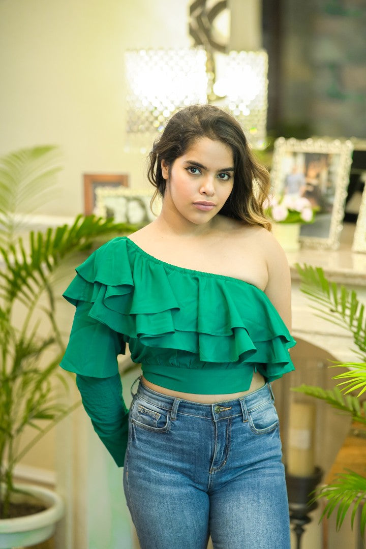 RUFFLE ROMANCE GREEN TOP FOR WOMEN