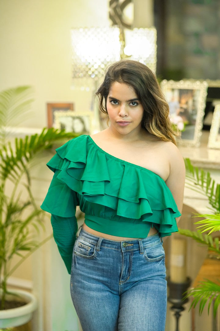 RUFFLE ROMANCE GREEN TOP FOR WOMEN