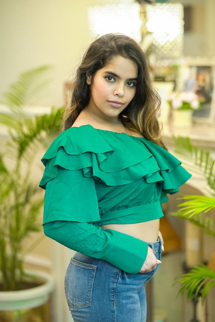 RUFFLE ROMANCE GREEN TOP FOR WOMEN