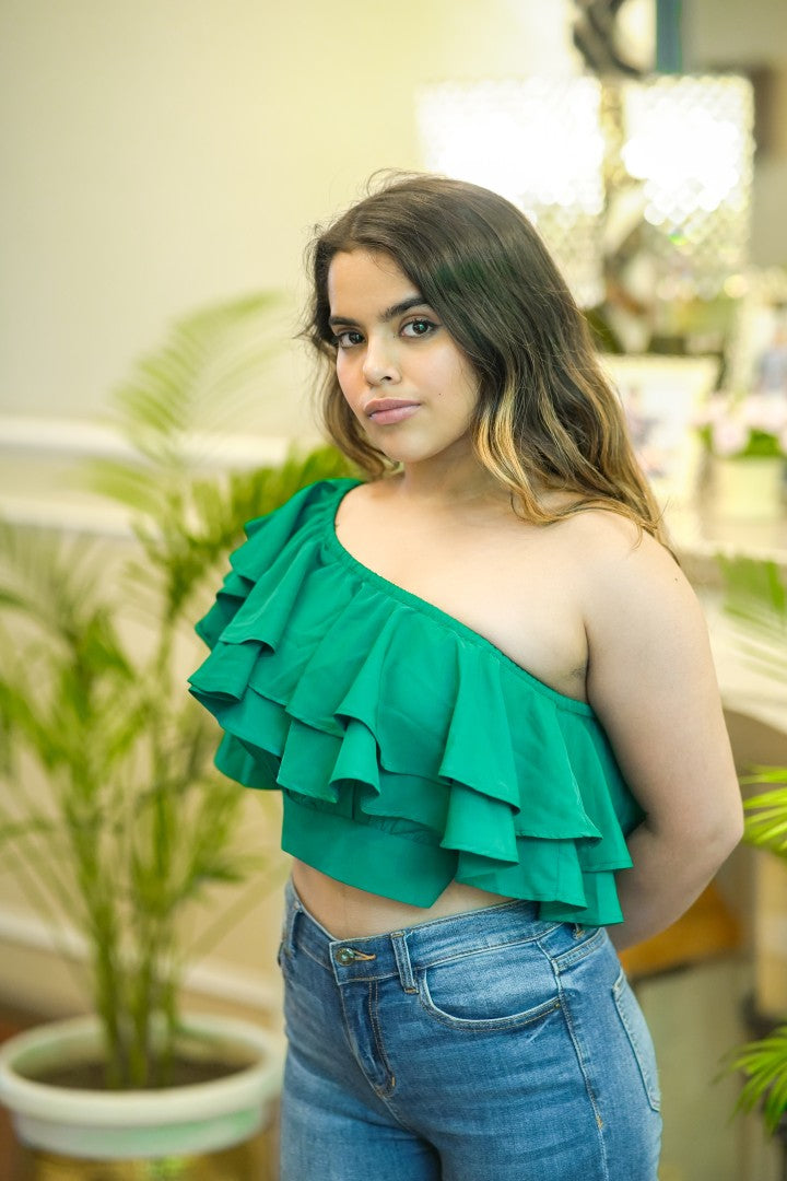 RUFFLE ROMANCE GREEN TOP FOR WOMEN