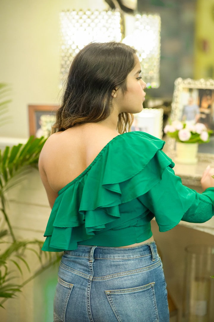 RUFFLE ROMANCE GREEN TOP FOR WOMEN