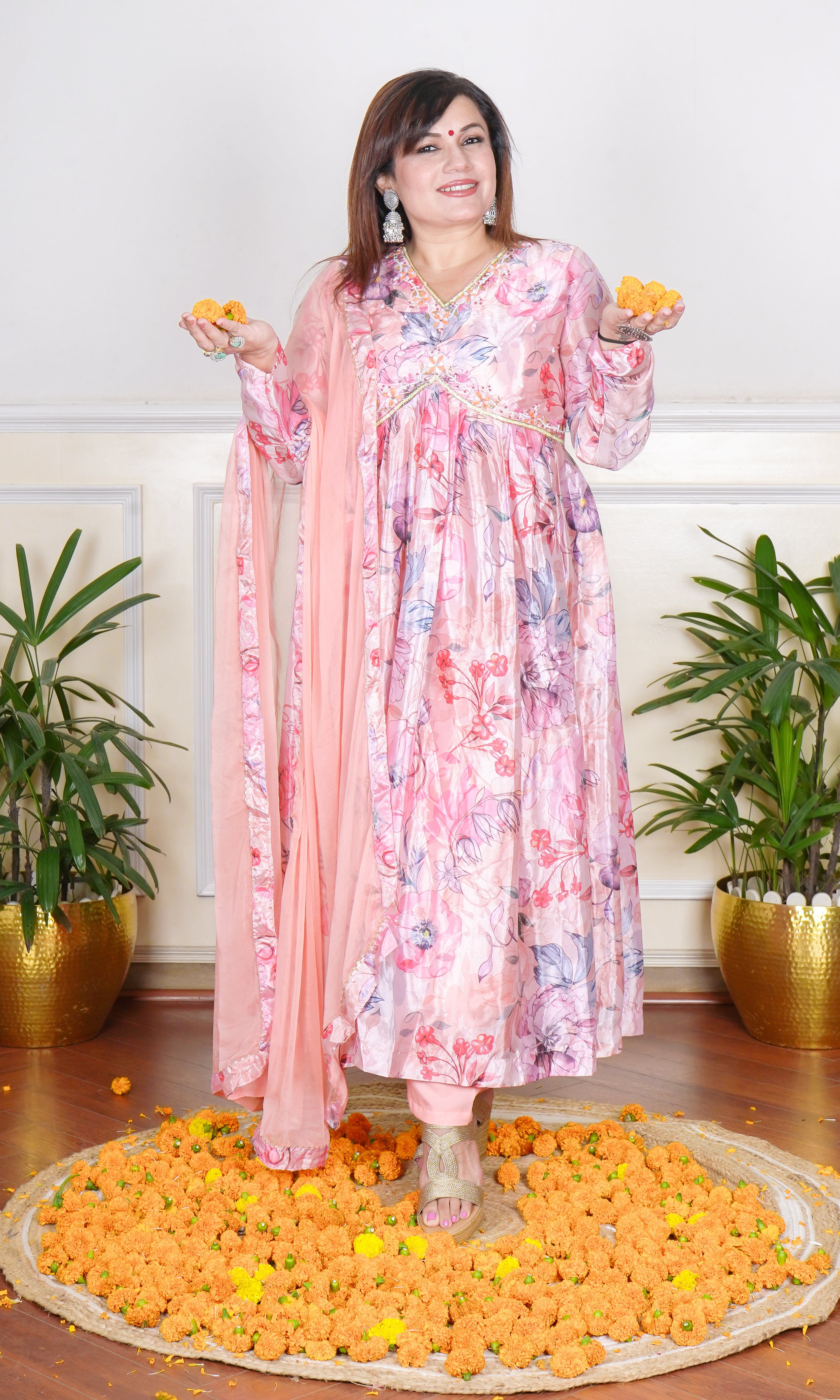 PEACH FLORAL PRINTED EMBROIDERED KURTA SET FOR WOMEN