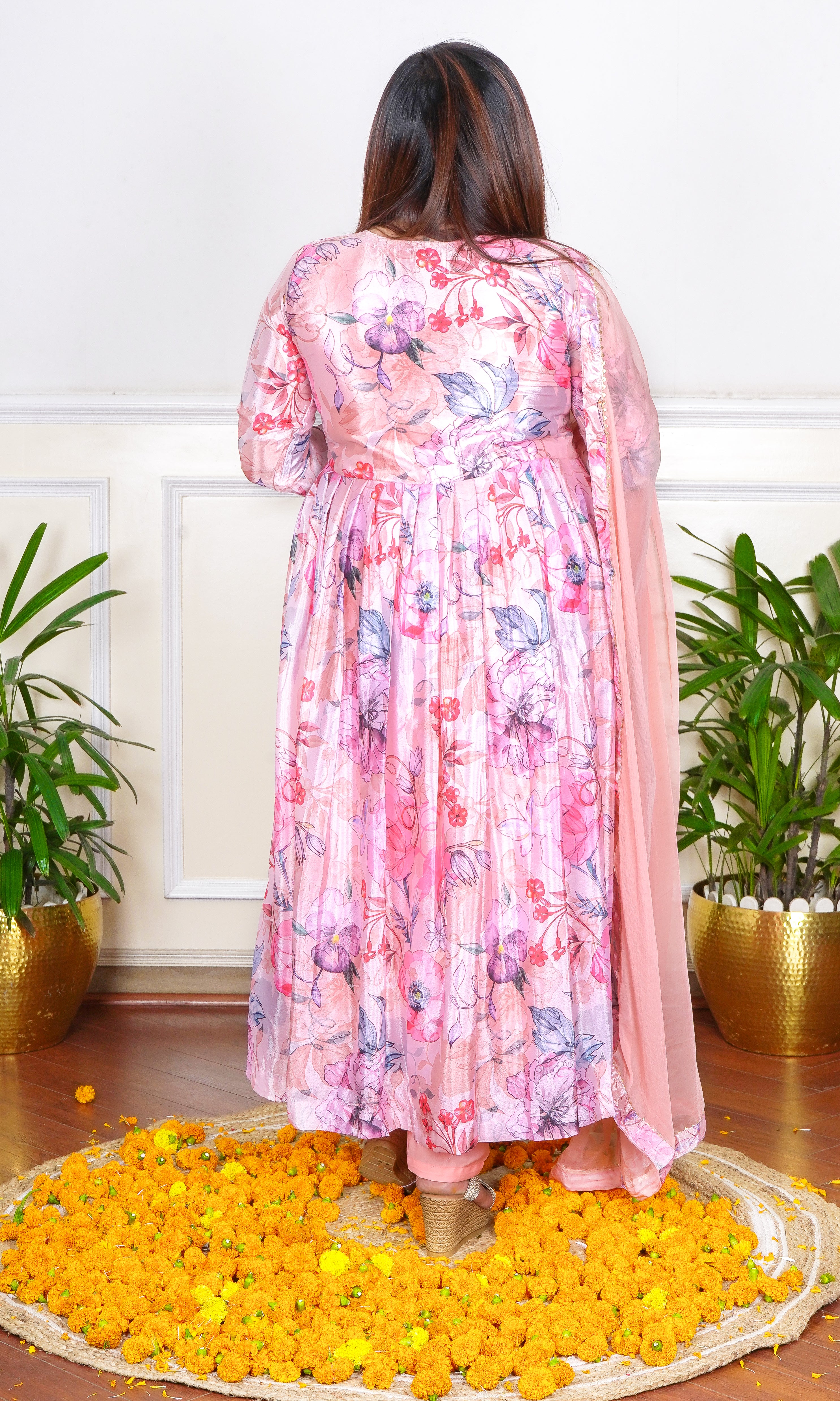 PEACH FLORAL PRINTED EMBROIDERED KURTA SET FOR WOMEN
