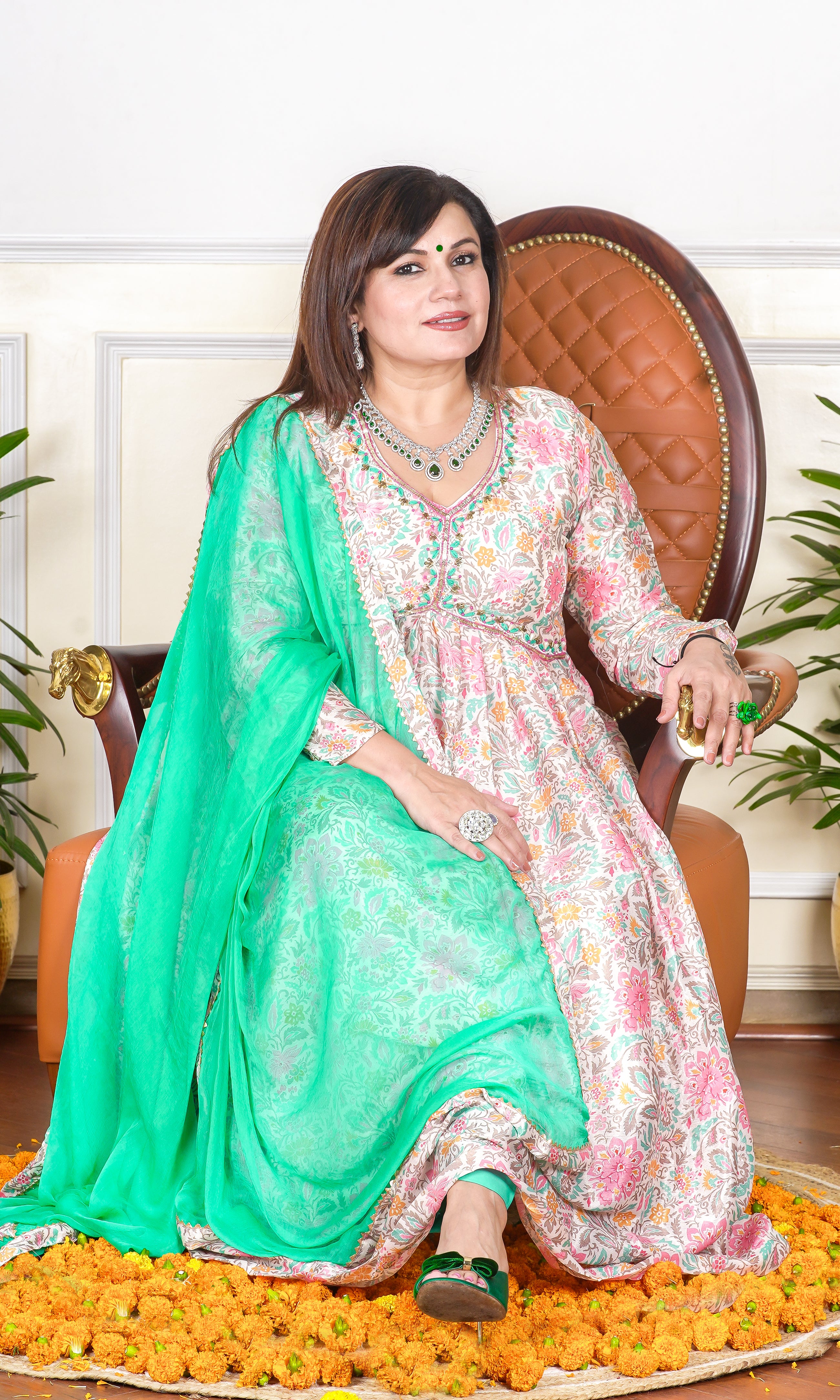 MULTICOLOURED FLORAL PRINTED EMBROIDERED NECKLINE FLARED KURTA WITH PANTS AND DUPATTA