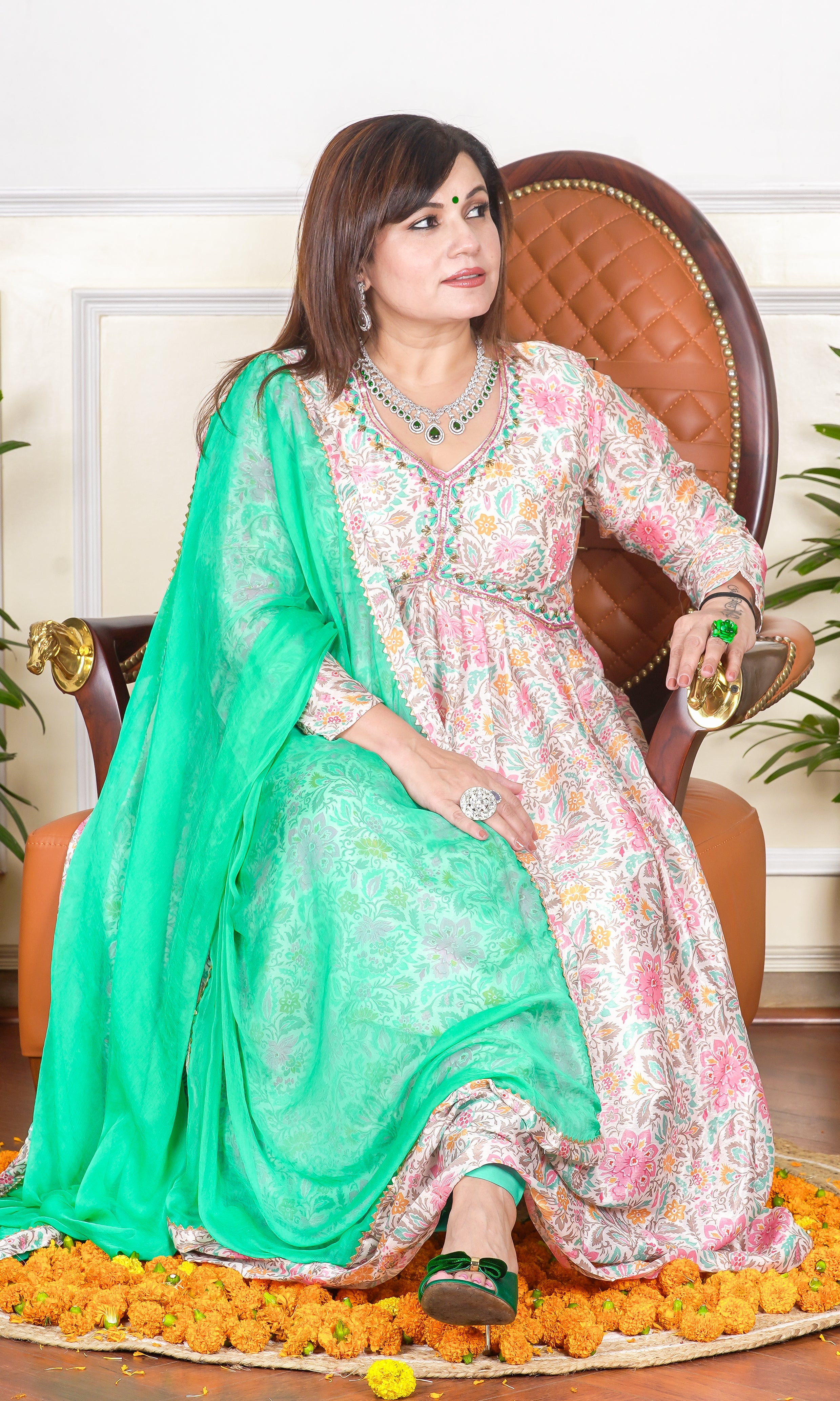 MULTICOLOURED FLORAL PRINTED EMBROIDERED NECKLINE FLARED KURTA WITH PANTS AND DUPATTA