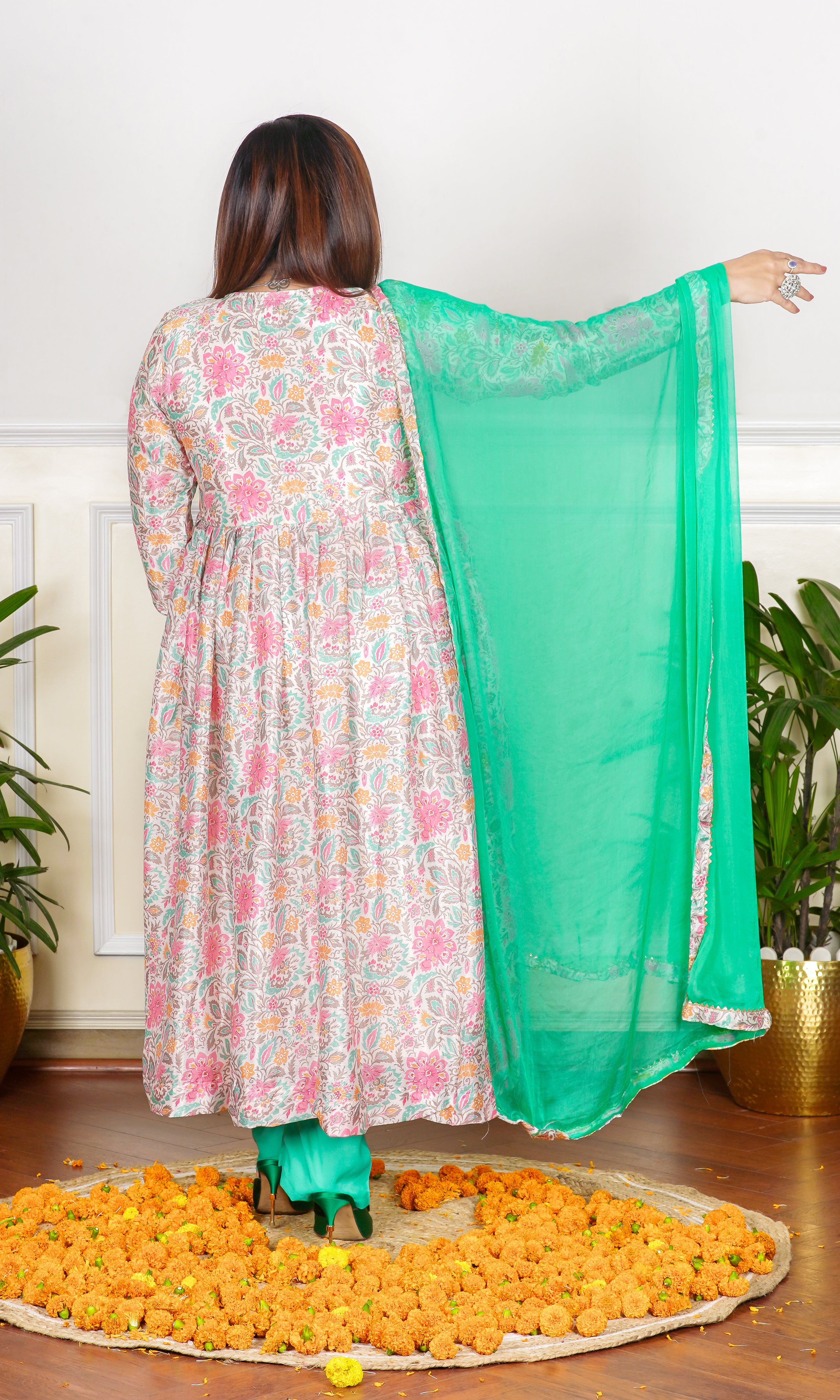 MULTICOLOURED FLORAL PRINTED EMBROIDERED NECKLINE FLARED KURTA WITH PANTS AND DUPATTA