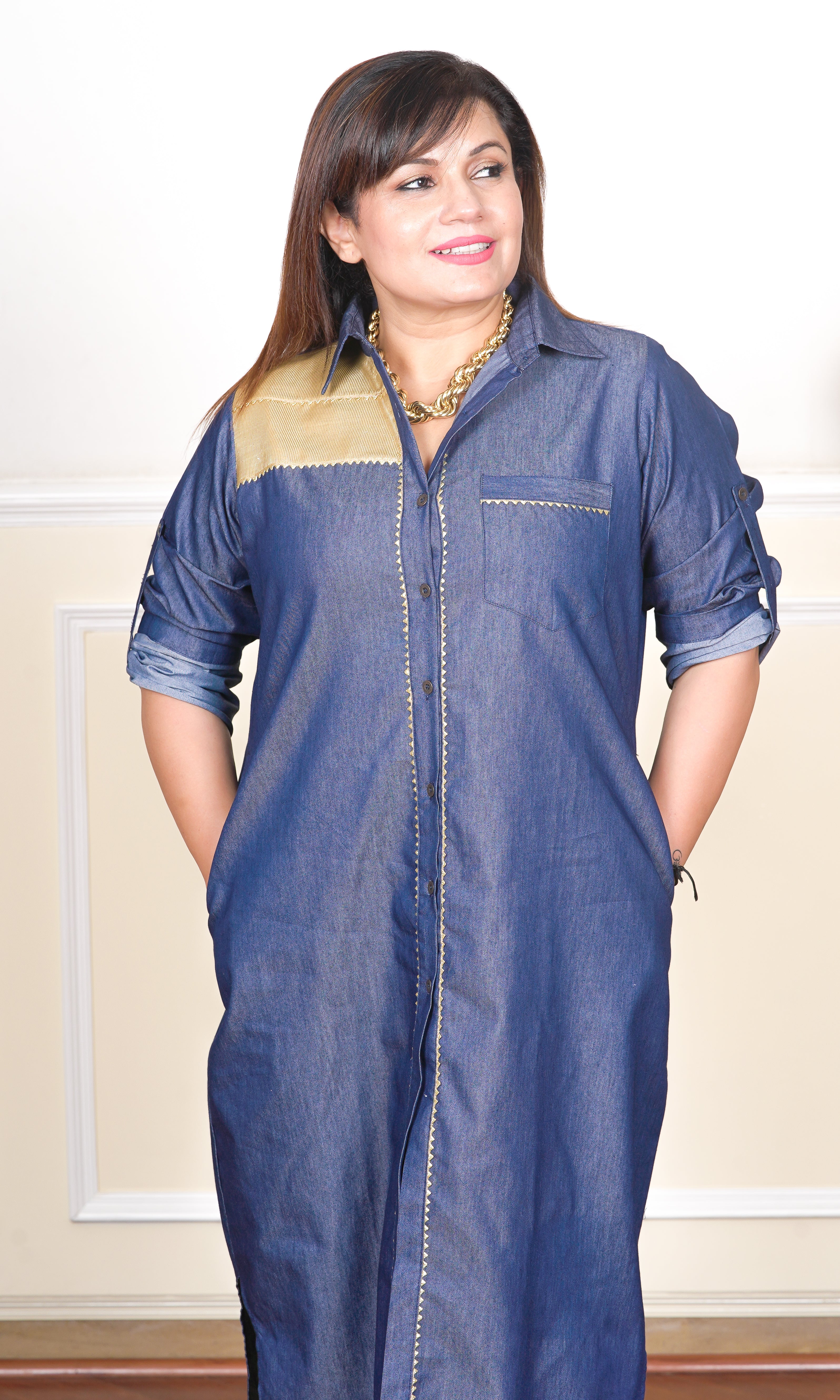 SHIMMERY DENIM DELIGHT DRESS WITH GOTA DETAILING