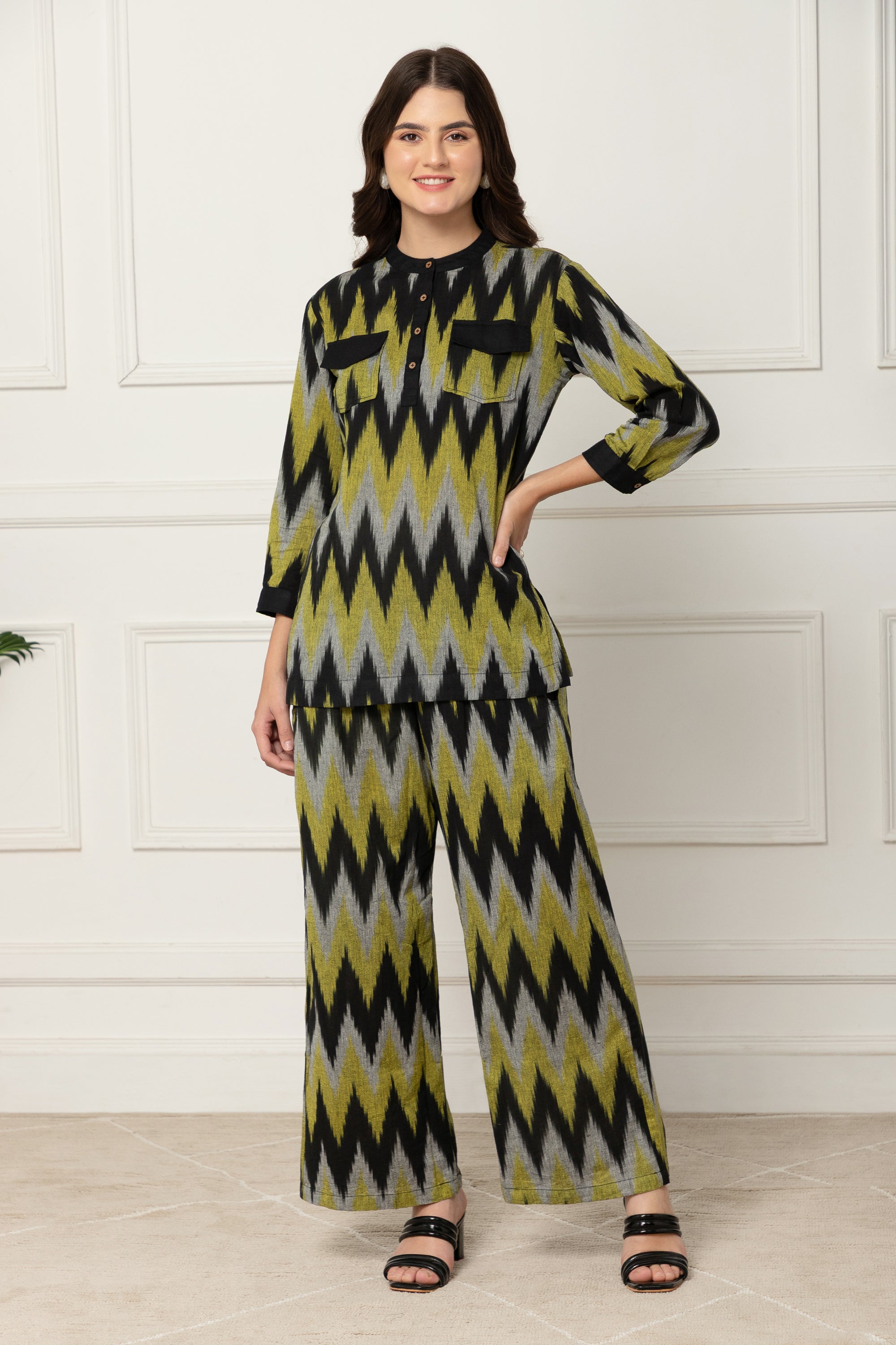 Irida Yellow and Black Chevron Printed Coord Set For Women