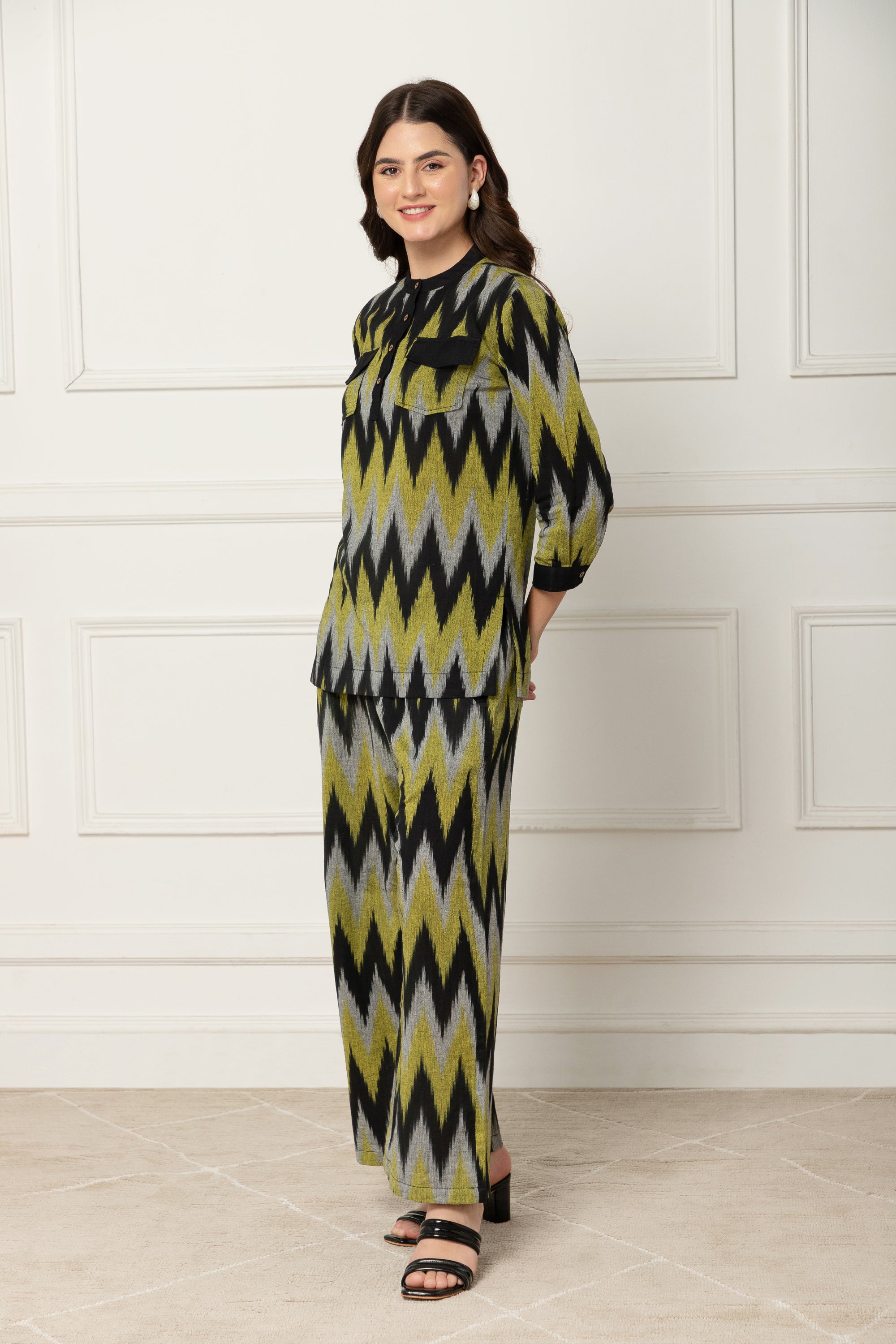 Irida Yellow and Black Chevron Printed Coord Set For Women