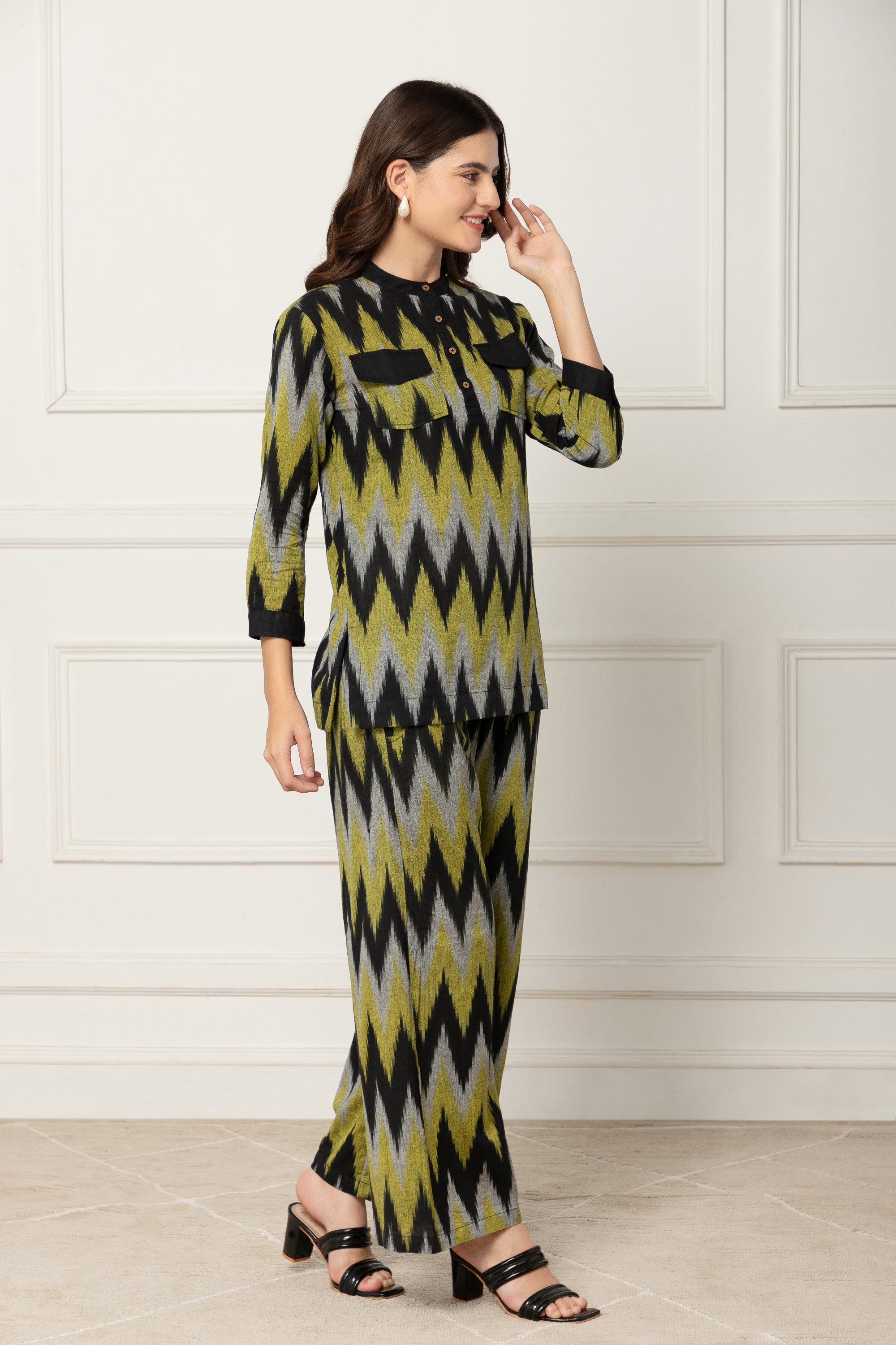 Irida Yellow and Black Chevron Printed Coord Set For Women