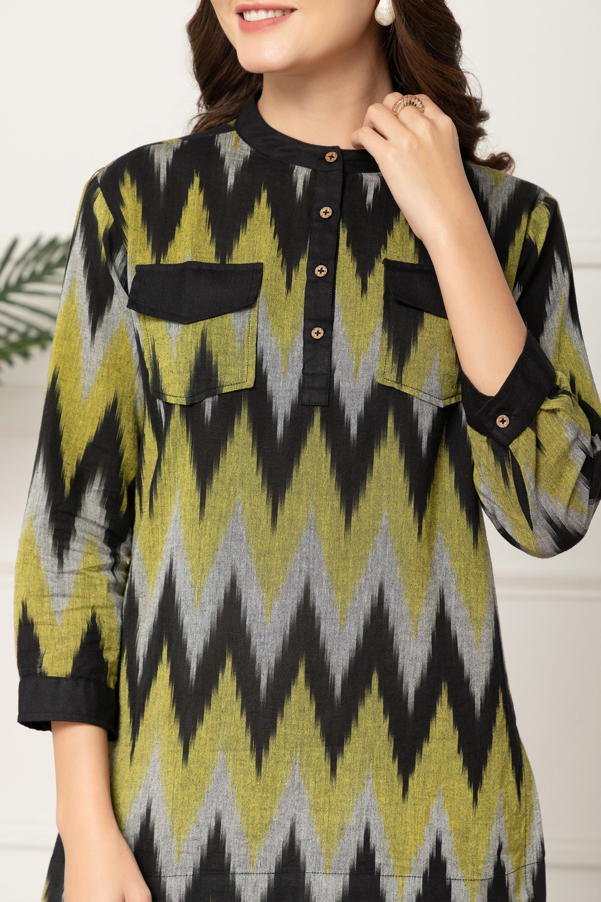 Irida Yellow and Black Chevron Printed Coord Set For Women