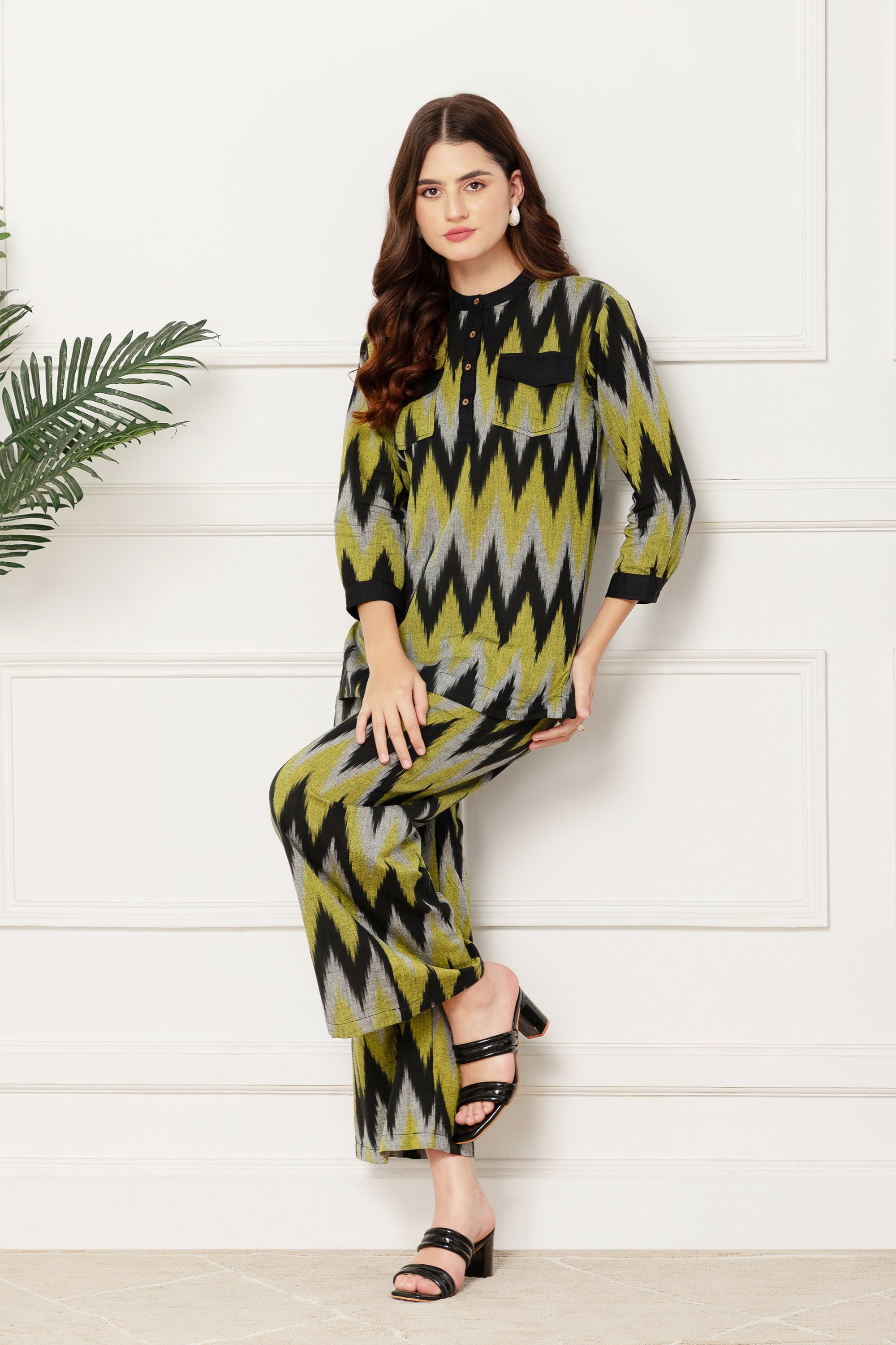 Irida Yellow and Black Chevron Printed Coord Set For Women