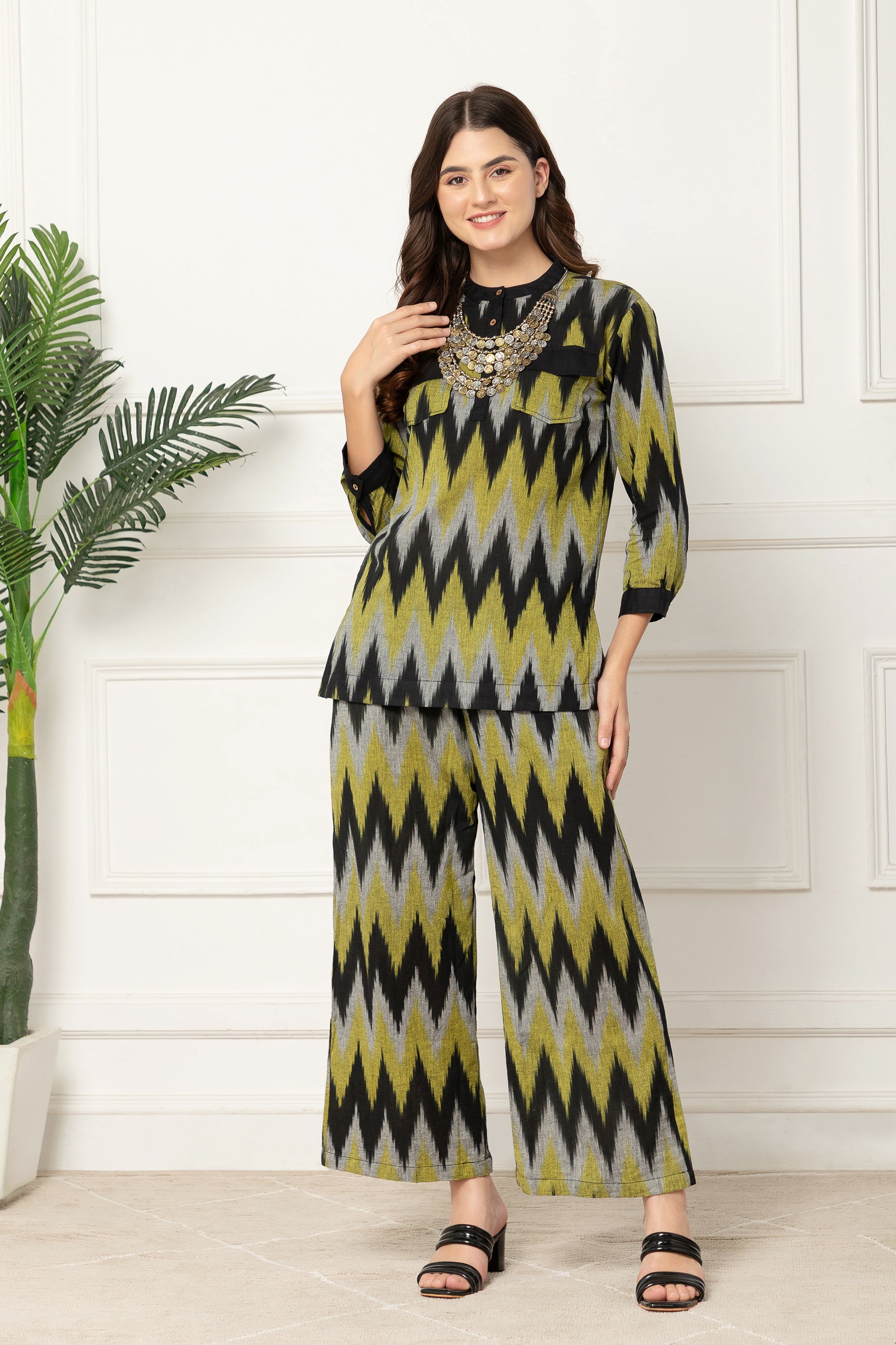 Irida Yellow and Black Chevron Printed Coord Set For Women