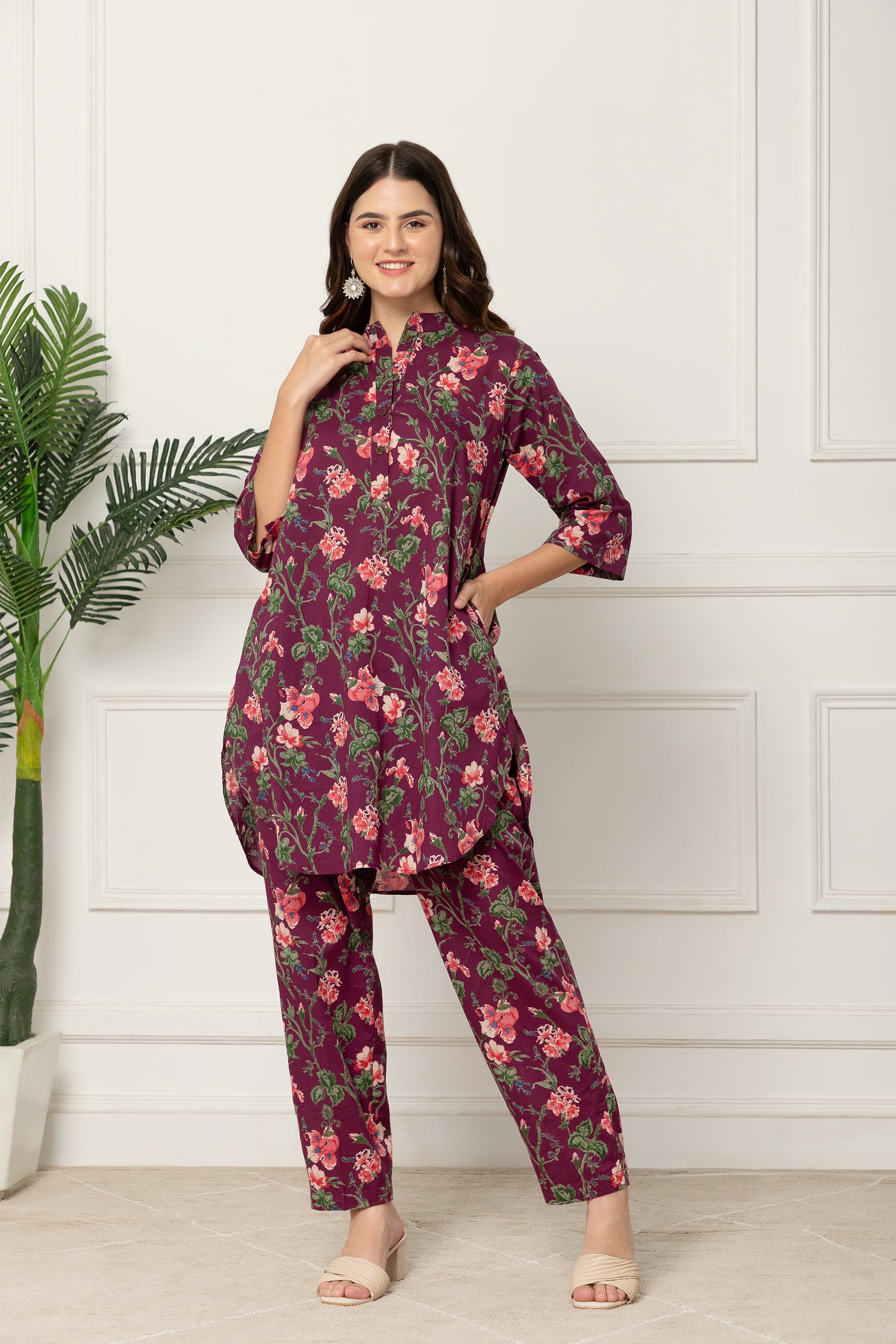 Polyxeni Floral Printed Purple Coord Set For Women