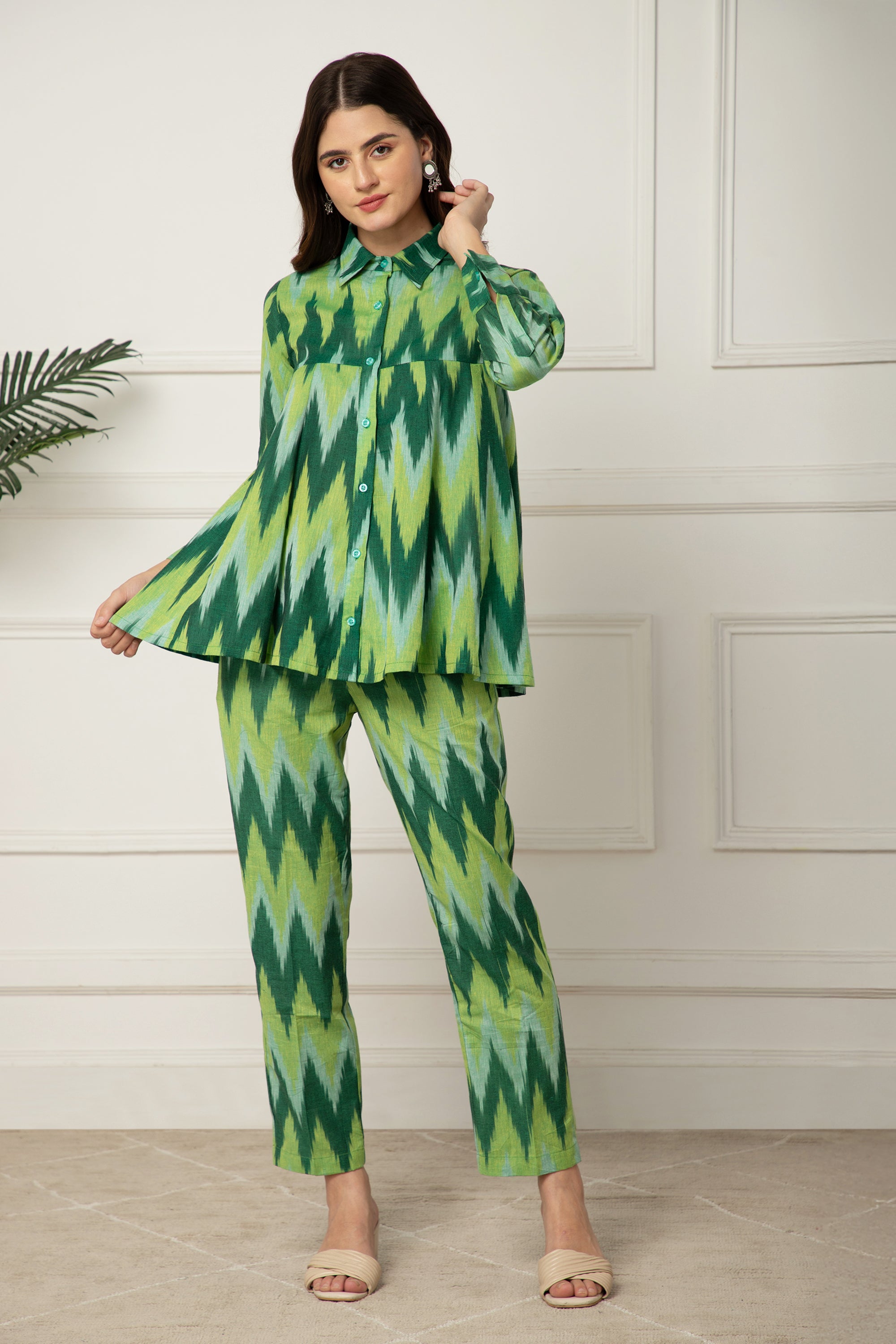 Eleni Multi Colour Green Chevron Printed Coord Set For Women