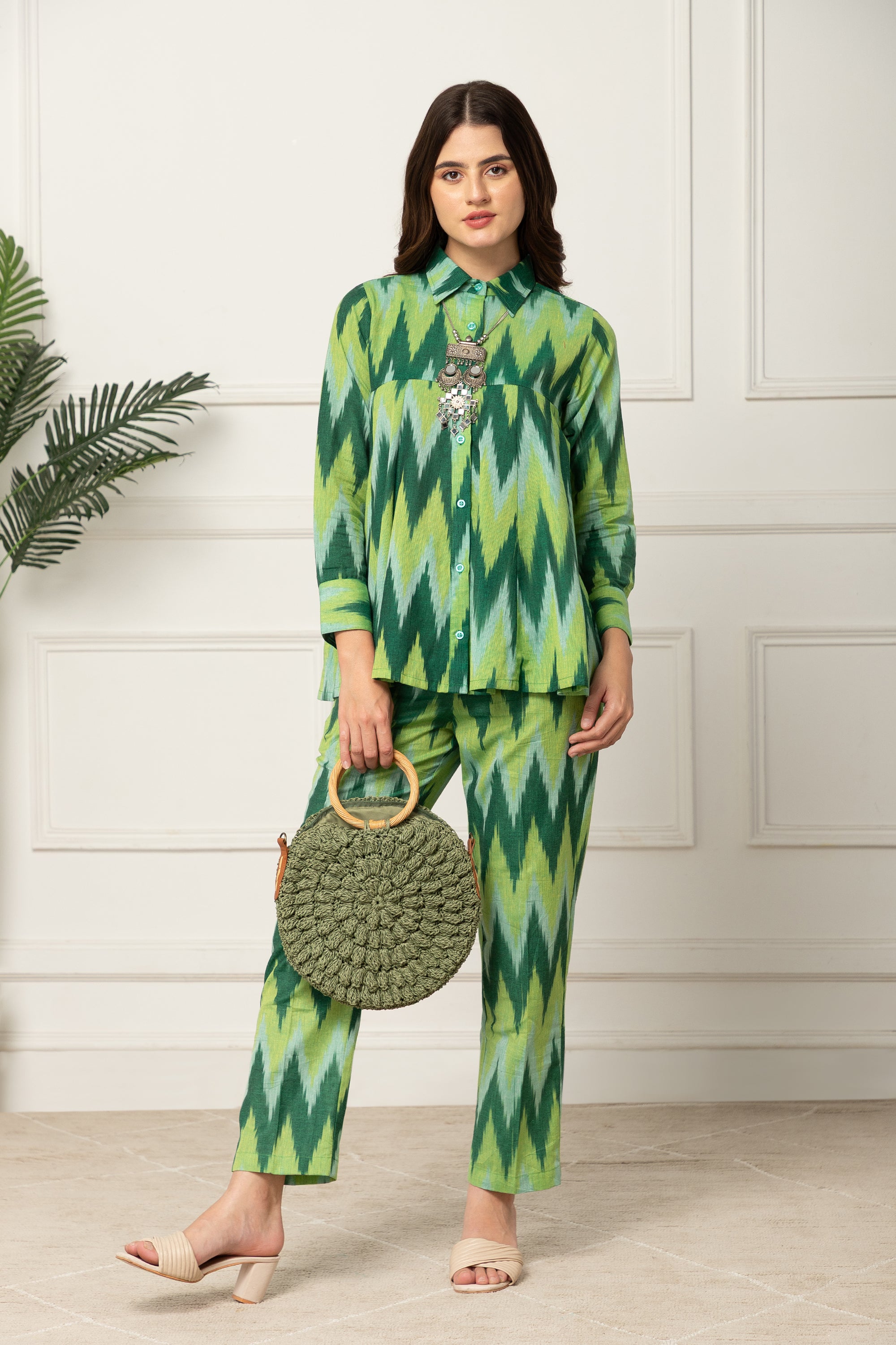 Eleni Multi Colour Green Chevron Printed Coord Set For Women