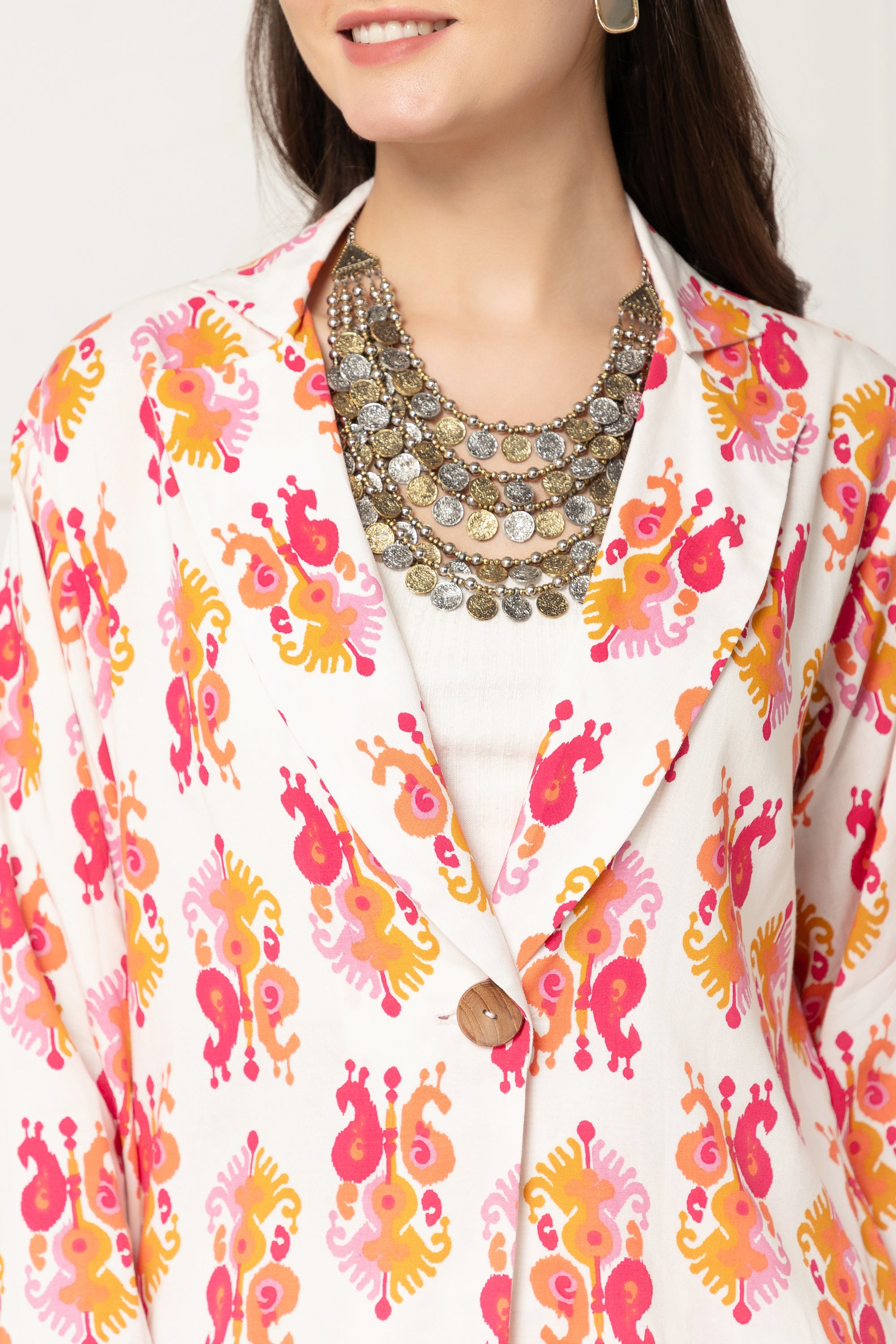 Phoebe White and Peach Floral Printed Coord Set For Women
