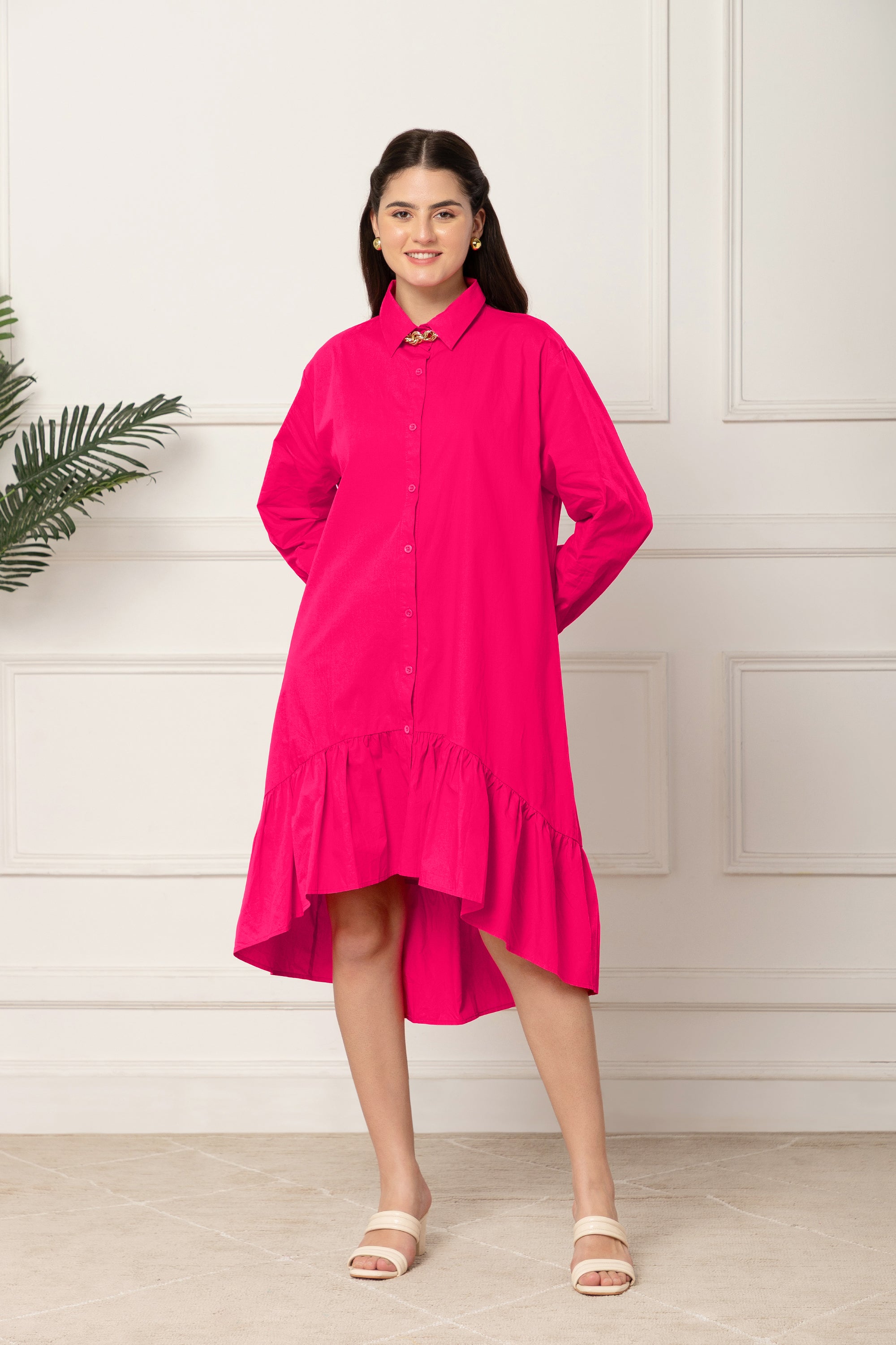 PETUNIA PINK FLARED COTTON LONG DRESS FOR WOMEN